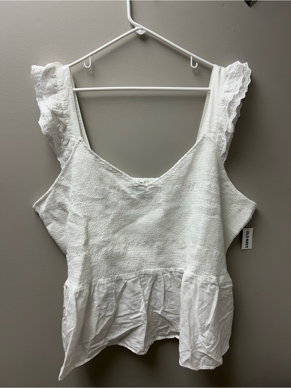 Old Navy Women’s White Fitted Flutter-Sleeve Smocked V Neck Ruffled Shoulder Top - Picture 1 of 5
